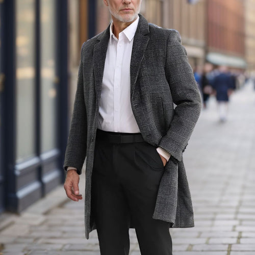 Long wool coat for men with plaid pattern Lune London