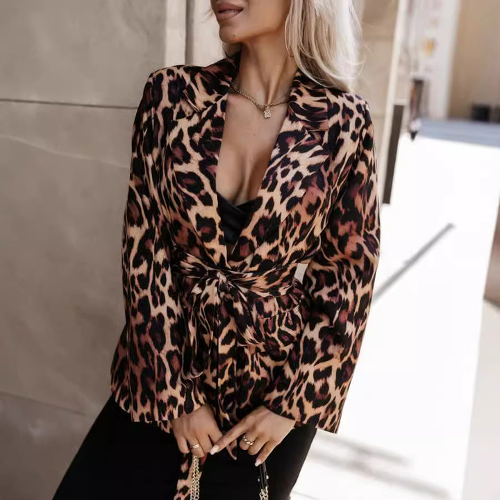 Ladies Elegant Blazer Jacket with Animal Print and Belted Waist Lune London
