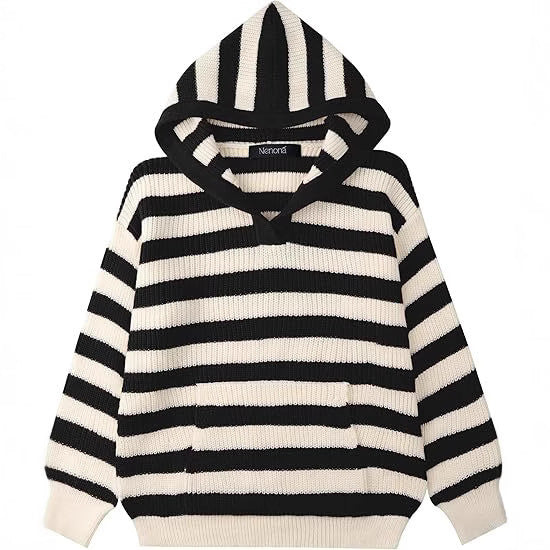 Ladies Comfortable Knitted Sweater with Hood and Striped Pattern Lune London