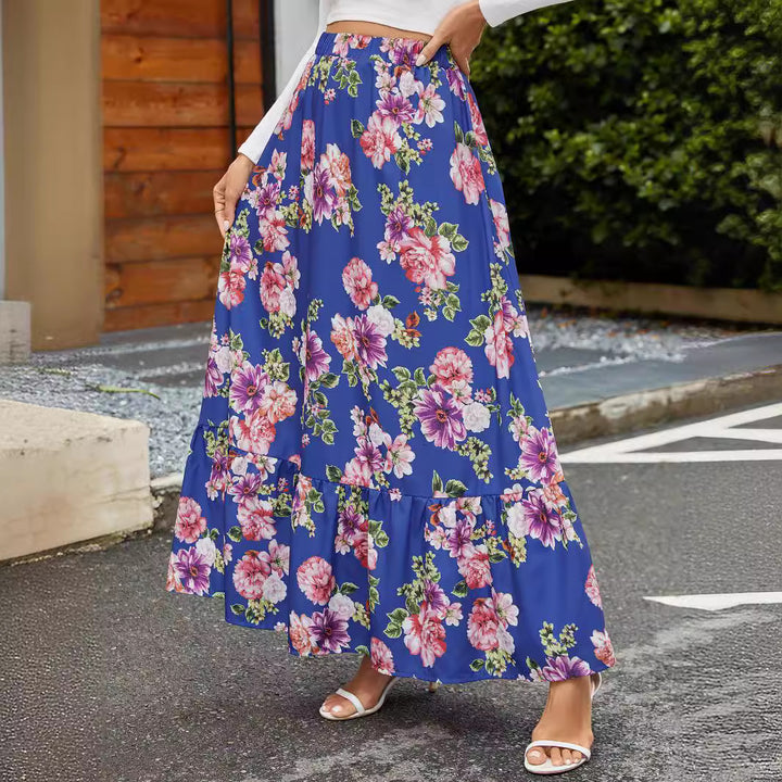 Maxi skirt for women with a cheerful floral pattern and a voluminous ruffle approach Lune London