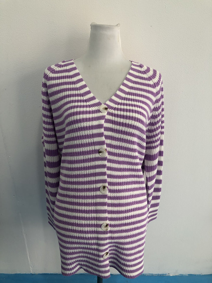 Ladies long sleeve knit cardigan with a modern striped pattern and buttons Lune London