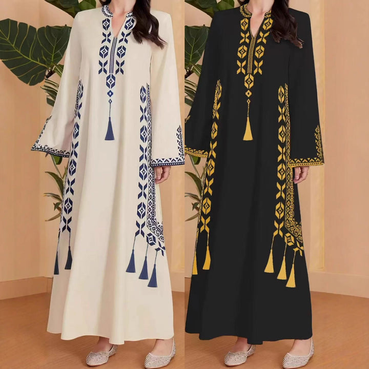 Caftan dress for women with an artistic embroidered design and an elegant V-neck Lune London
