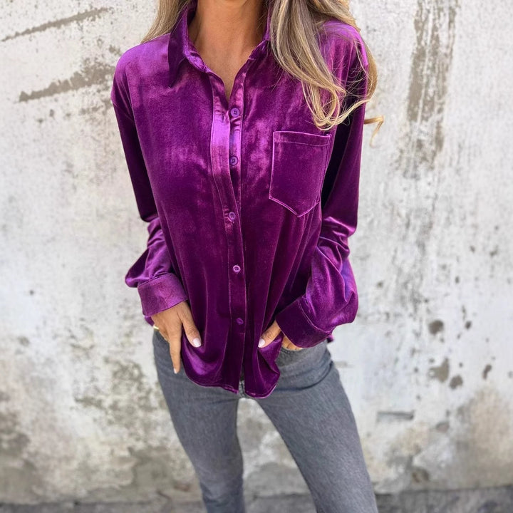 Women Elegant velvet blouse with classic shirt collar and long sleeves Lune London