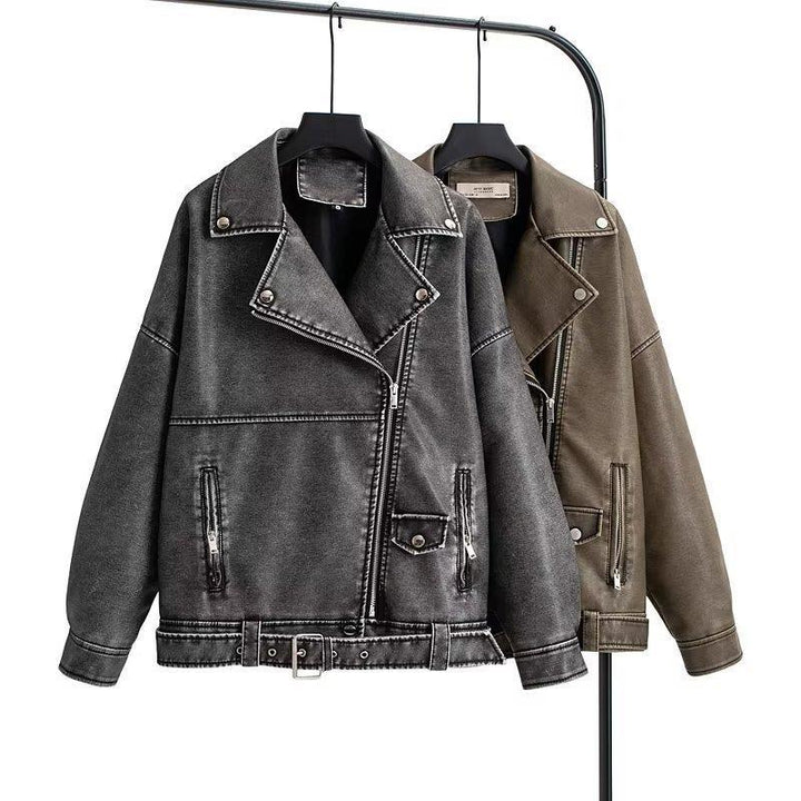 Oversized synthetic leather jacket for women with asymmetrical zipper and practical pockets Lune London