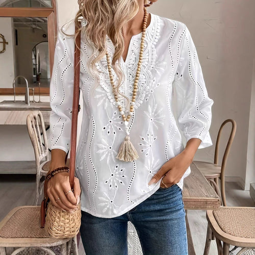 Embroidered blouse for women with an elegant V-neck and 3/4 sleeves Lune London