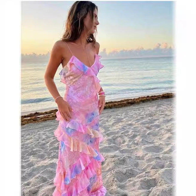 Ladies Long Maxi Dress with Playful Ruffle Details and Floral Pattern