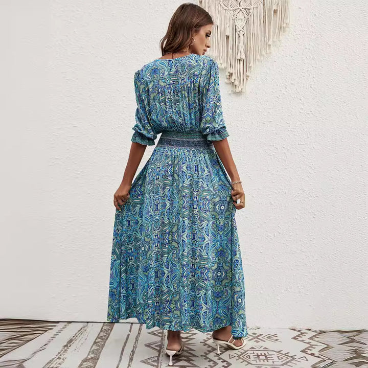 Maxi dress for women with removable belt at the waist and artistic pattern Lune London