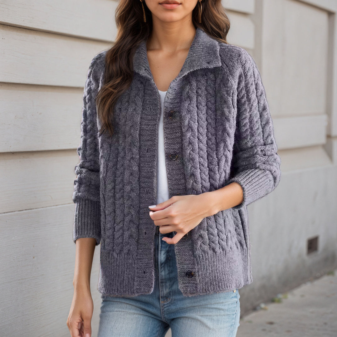 Thick knit jacket for women with decorative braid pattern and practical pockets Lune London