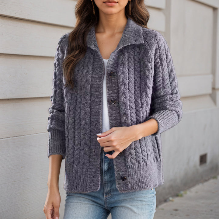 Thick knit jacket for women with decorative braid pattern and practical pockets Lune London