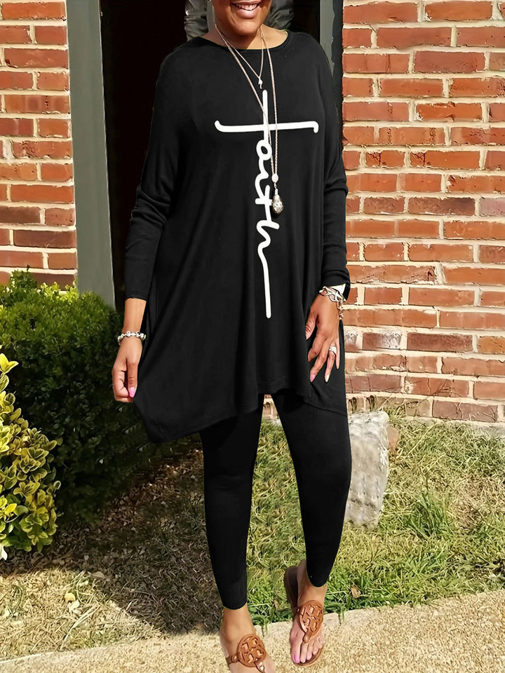 Ensemble de leggings et tunique pour femmes avec découpe asymétrique et impressions motivantes Chic & Stil