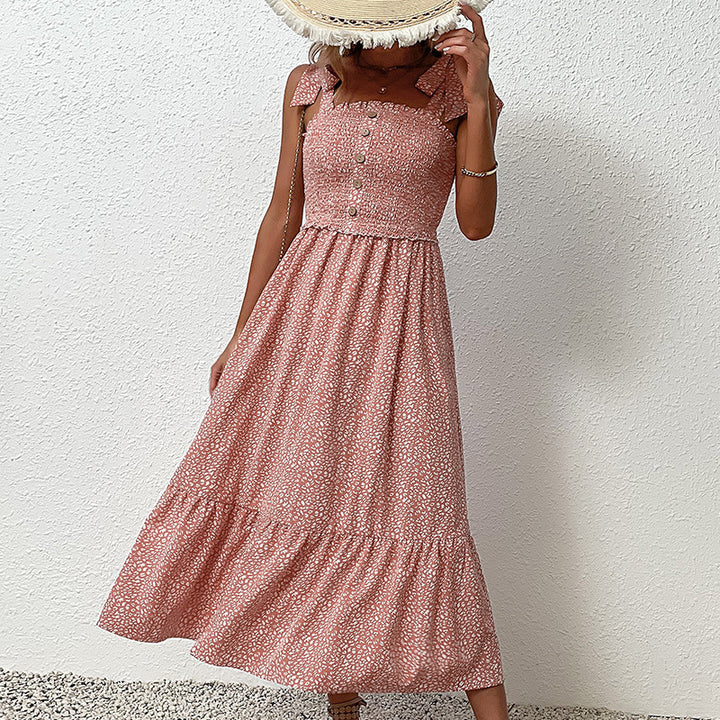Women Ruffled Details Maxi Floral Summer Dress with Chic Button Effect and Style