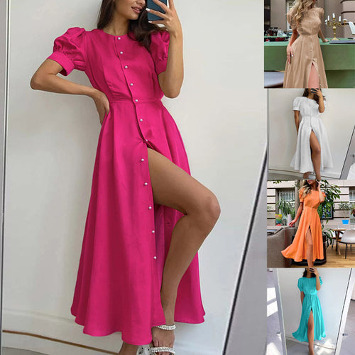 Maxi dress for women with button closure, puff sleeves and side slit Lune London