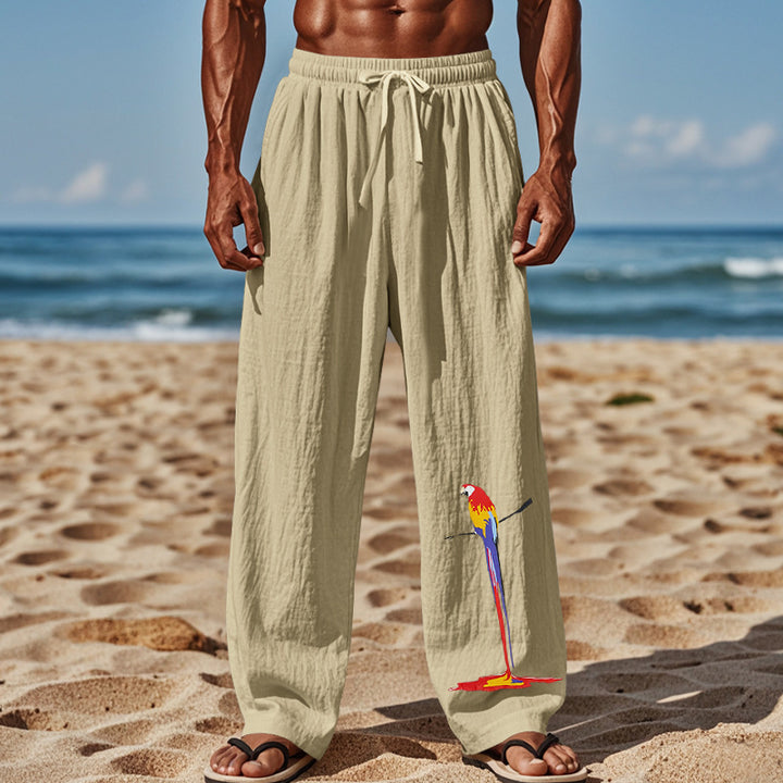 Light beach pants for men with colorful parrot design Lune London
