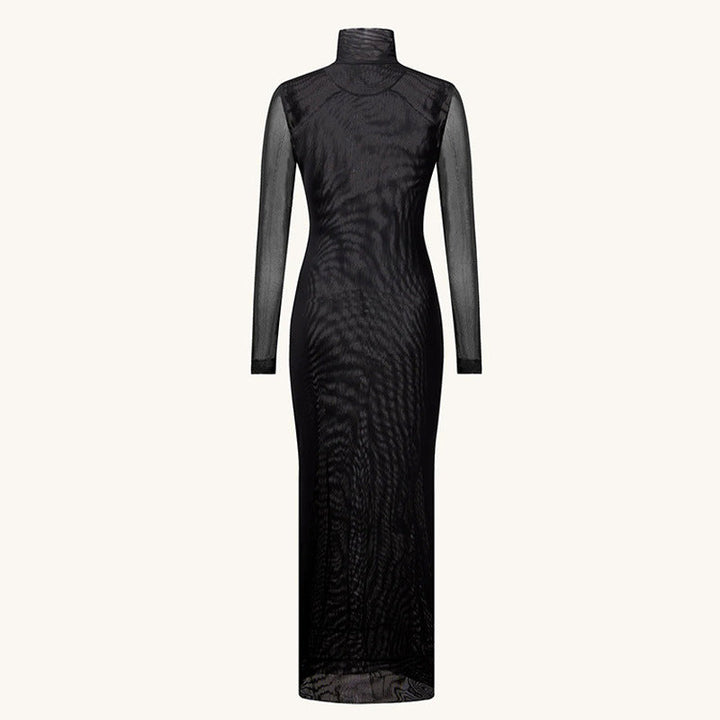 Women's Long Sleeve Maxi Dress with Graphic Pattern and High Neck Collar Lune London