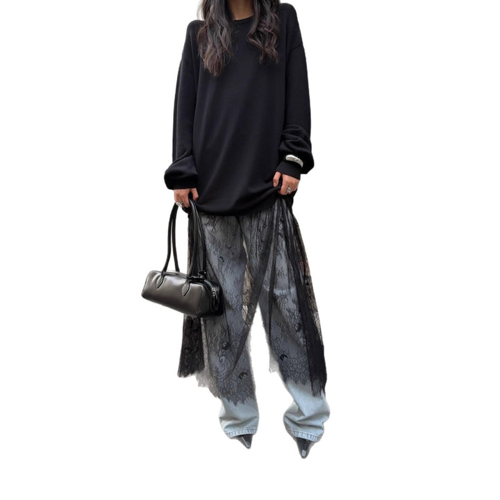 Pull décontracté surdimensionné pour femmes avec des détails de volants élégants et une transparence à la mode Chic & Stil