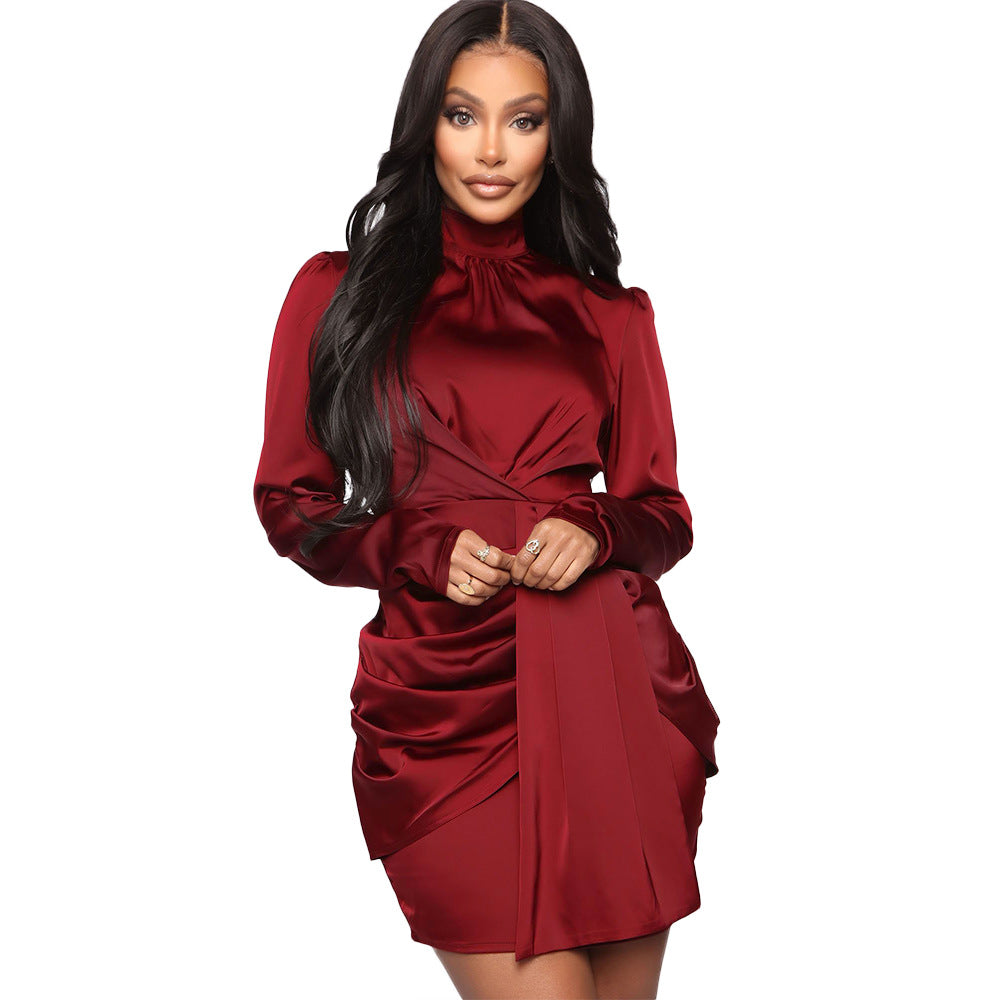 Lune London Elegant long sleeve satin mini dress with ruffles for women