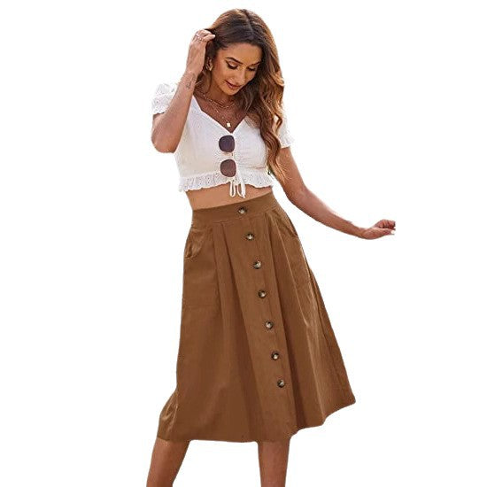 Midi skirt for women with button placket and practical pockets Lune London