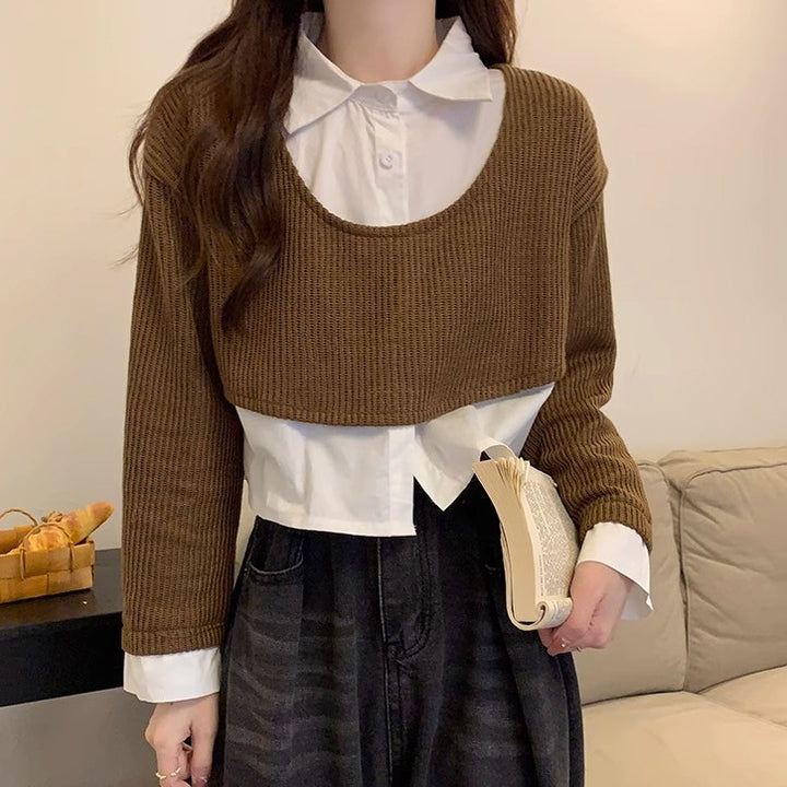Women's Cropped Knit Sweater with Integrated Shirt