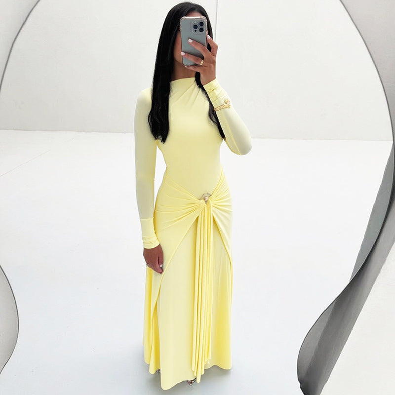 Ladies Elegant Maxi Dress with Draped Details and Chic Long Sleeve