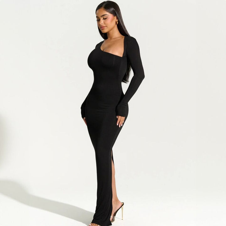 Elegant wrap maxi dress for women with asymmetric neckline Lune London