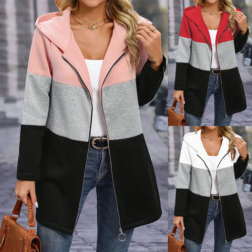 Trendy long hooded jacket for women with chic and stylish color block design