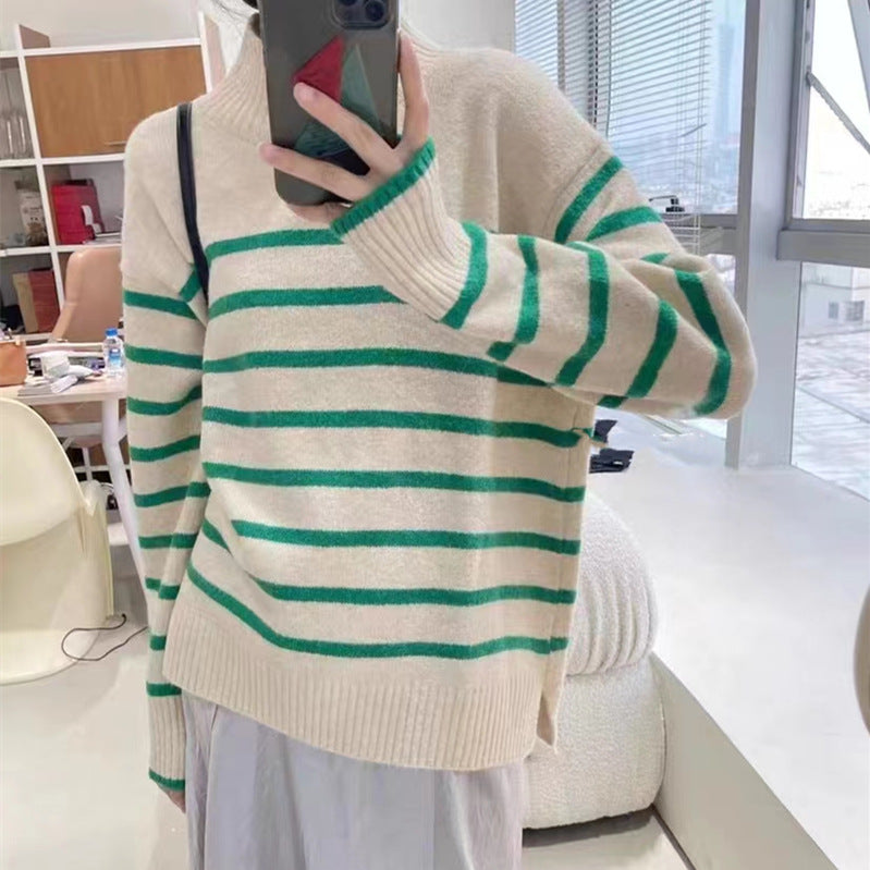 Ladies casual knit pullover with chic striped design