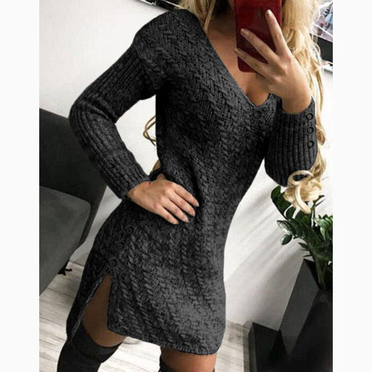 Women’s knit dress with an elegant V-neck, button details, and a side slit Lune London