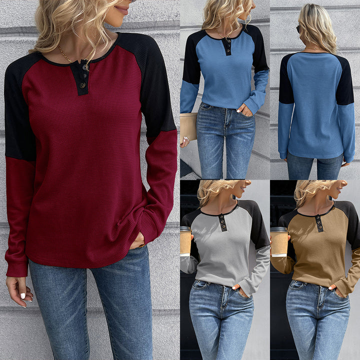 Casual women's Henley shirt in textured fabric with contrasting sleeve design Lune London