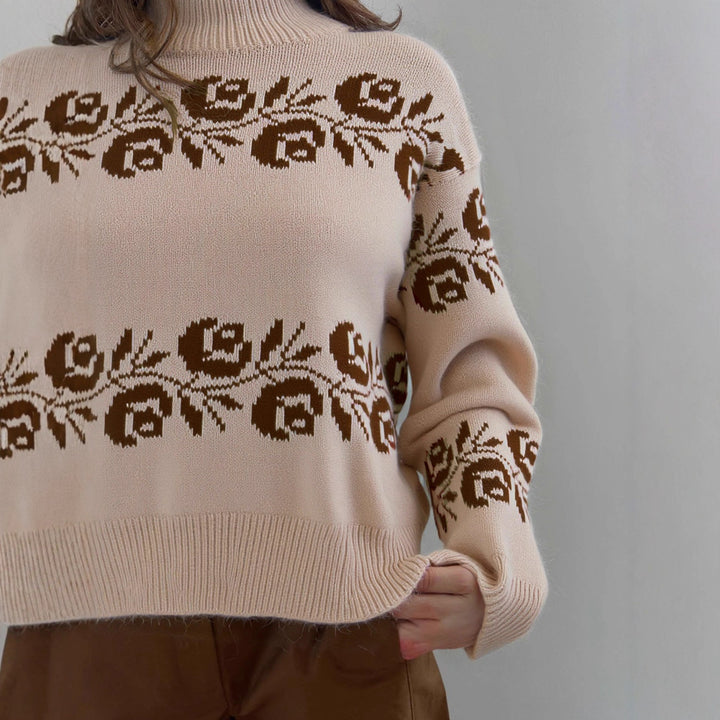 Pull en tricot pour femmes avec motif jacquard floral et col haut Chic & Stil