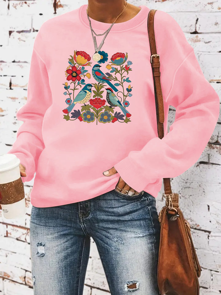 Sweatshirt pour femme avec motif floral d'oiseau et coupe décontractée Chic & Stil