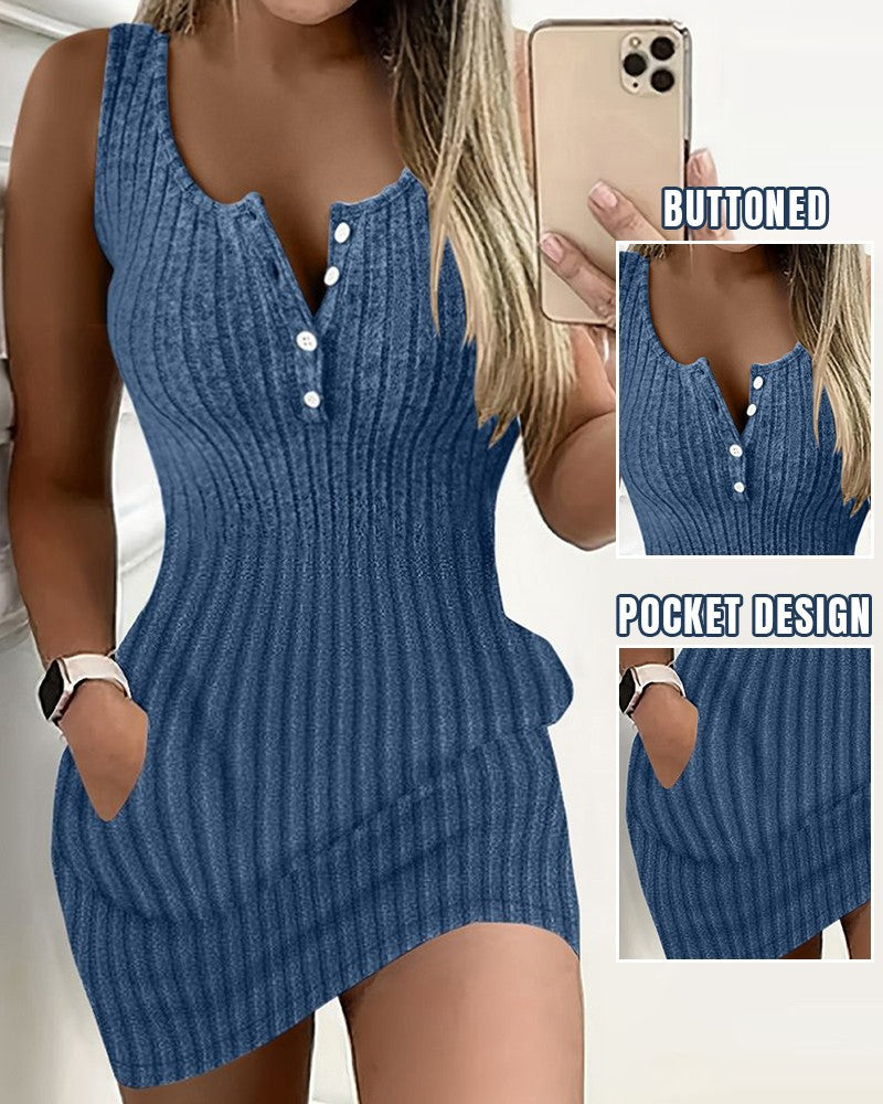 Lune London ribbed knit casual mini dress for women with button details