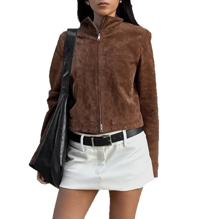 Short velvet jacket for women with high collar and side zipper Lune London