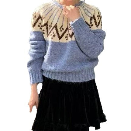 Ladies Comfortable Knit Sweater with Geometric Print and Round Neck Lune London