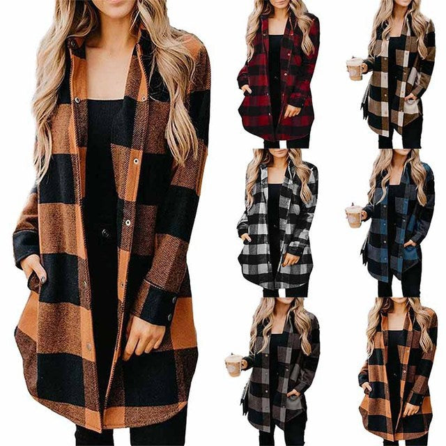 Women's Casual Long Blouse In Check Design with Button Placket Lune London