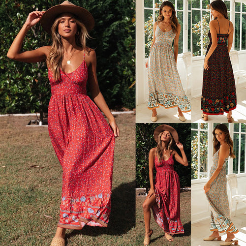Maxi dress for women with floral patterns and adjustable spaghetti straps Lune London