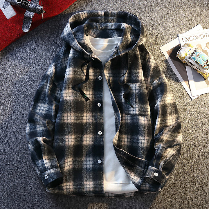 Plaid flannel jacket for men with hood and button closure Lune London