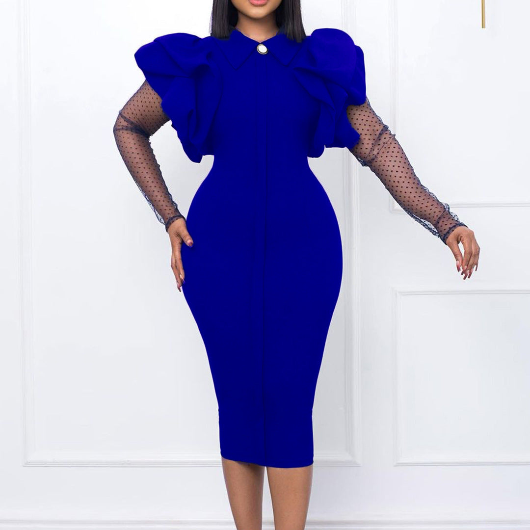 Sheath dress for ladies with puff sleeves and polka dot inserts Lune London