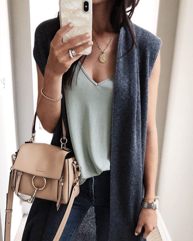 Women's Knitted Vest In A Casual Oversized Design with Open Fronts and Short Sleeve Length Lune London