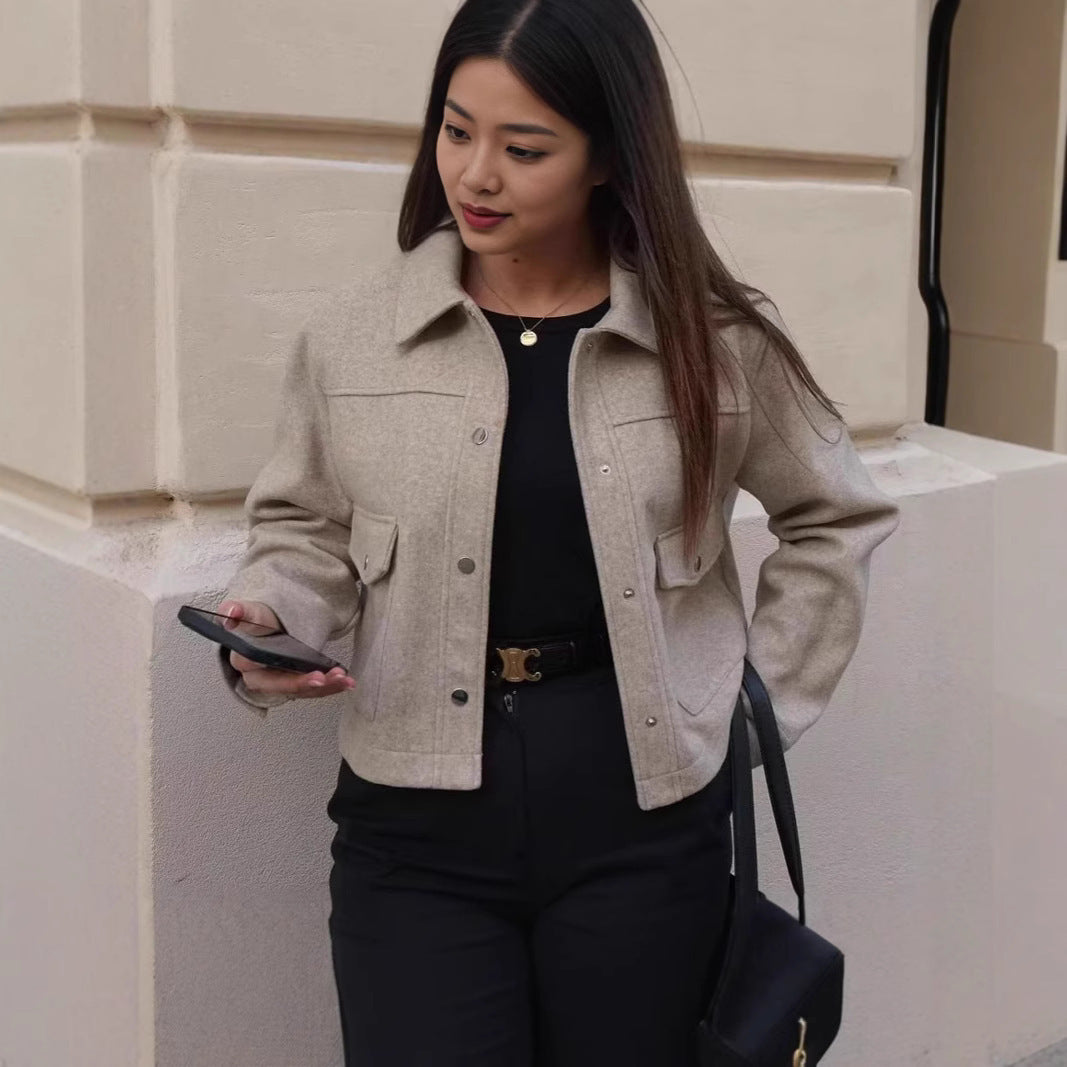 Short wool jacket for women in a classic style with patch pockets Lune London