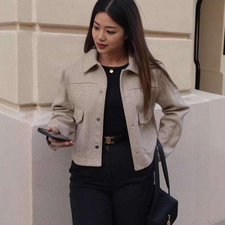 Short wool jacket for women in a classic style with patch pockets Lune London