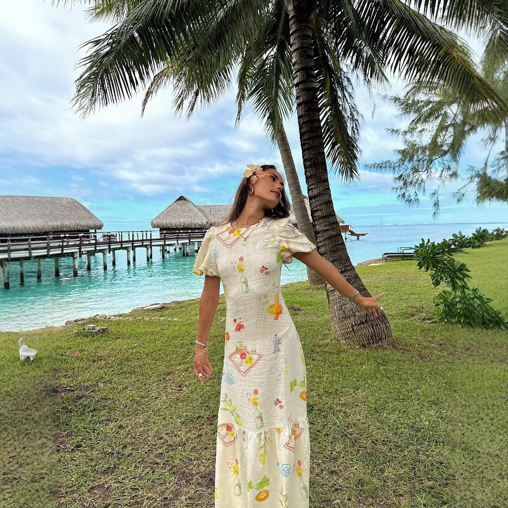 Maxi dress for women with colorful print and fluid ruffles Lune London
