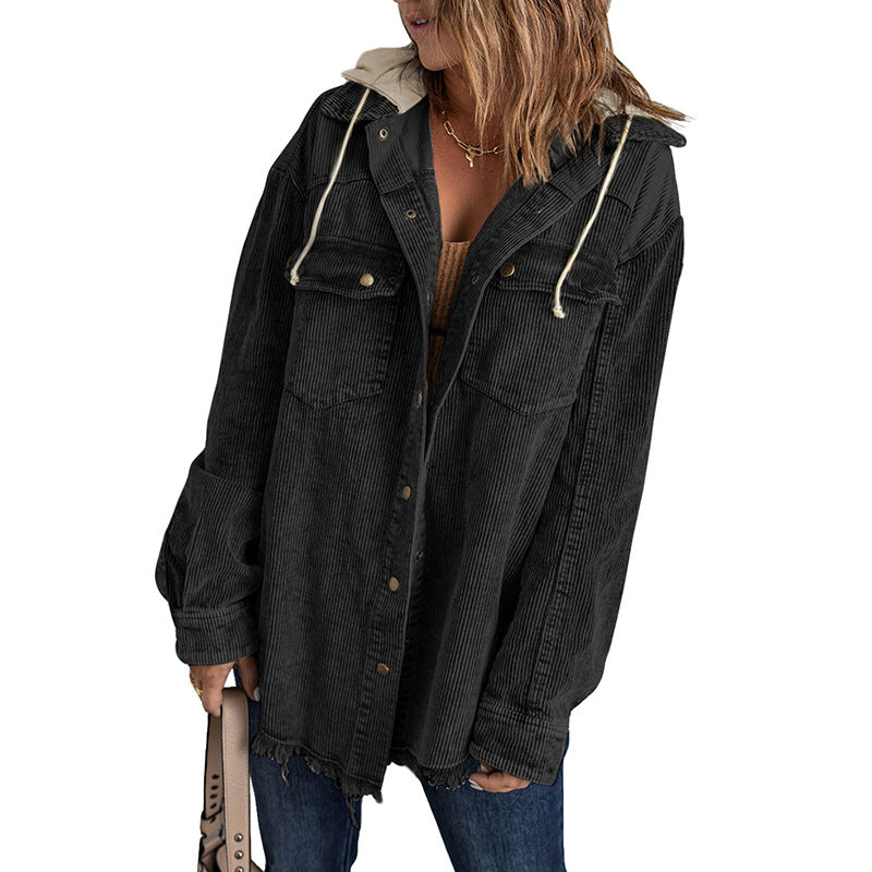 Lune London | Jacket with hood - Oversized fit - Cord texture - Button closure - Fringe edge