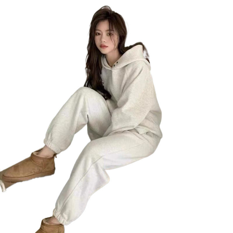 Ladies Comfortable Hoodie Set with Loose Fit and Decorative Buttons Chic & Stil