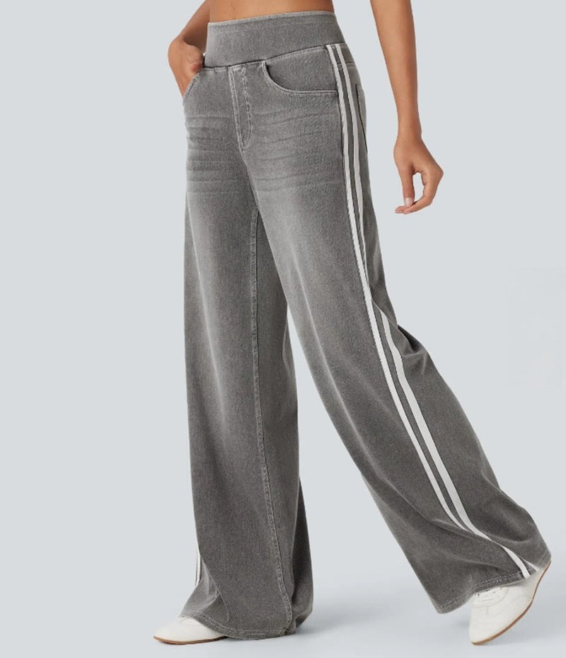 Pantalons en denim à coupe large pour femmes avec rayure sur le côté Chic & Stil