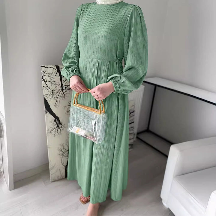 Maxi dress for women with an elegant pleated design and long puff sleeves Lune London