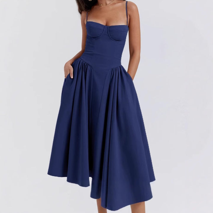 Mid-length dress for women with strapless design and voluminous pleated skirt Lune London