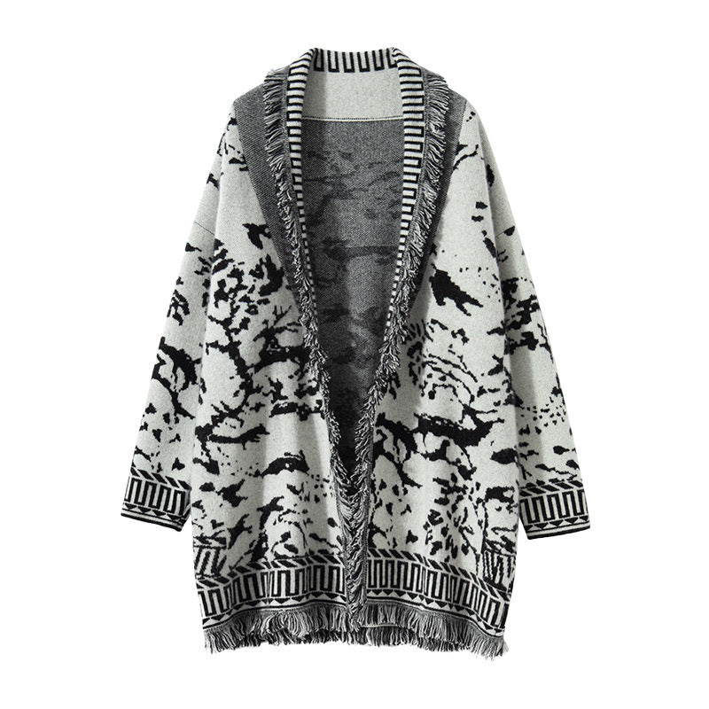 Cardigan Femme Confortable avec Motif Graphique et Détails Frangés Chic & Stil