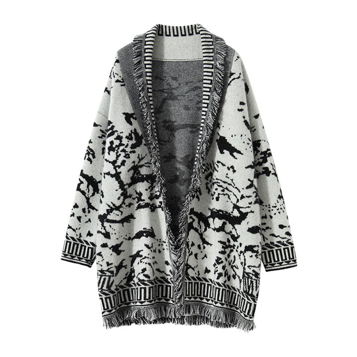 Cardigan Femme Confortable avec Motif Graphique et Détails Frangés Chic & Stil