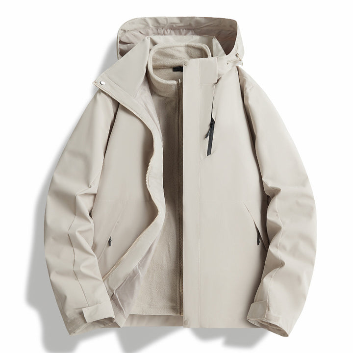 Waterproof outdoor jacket for men with insulating lining and adjustable hood drawstring Lune London