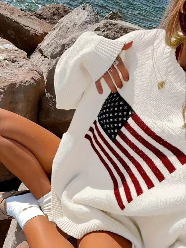 Casual plush sweater for ladies with a large American flag pattern Lune London